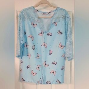 Misslook Large Front Tie Women's Shirt Butterflies Light Blue Lace Sleeves M.